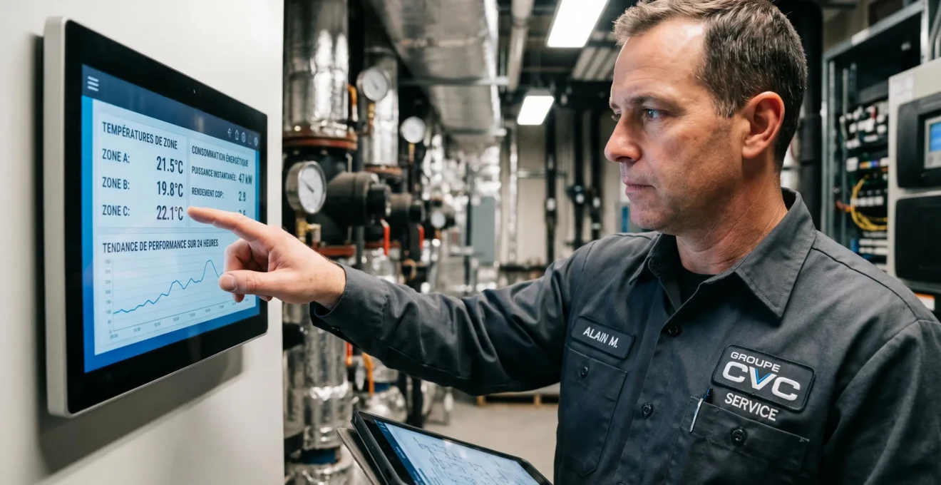 Technicien HVAC d'âge moyen consulte un panneau de contrôle numérique affichant températures multi-zones, consommation énergétique et COP en temps réel d'un système de chauffage commercial