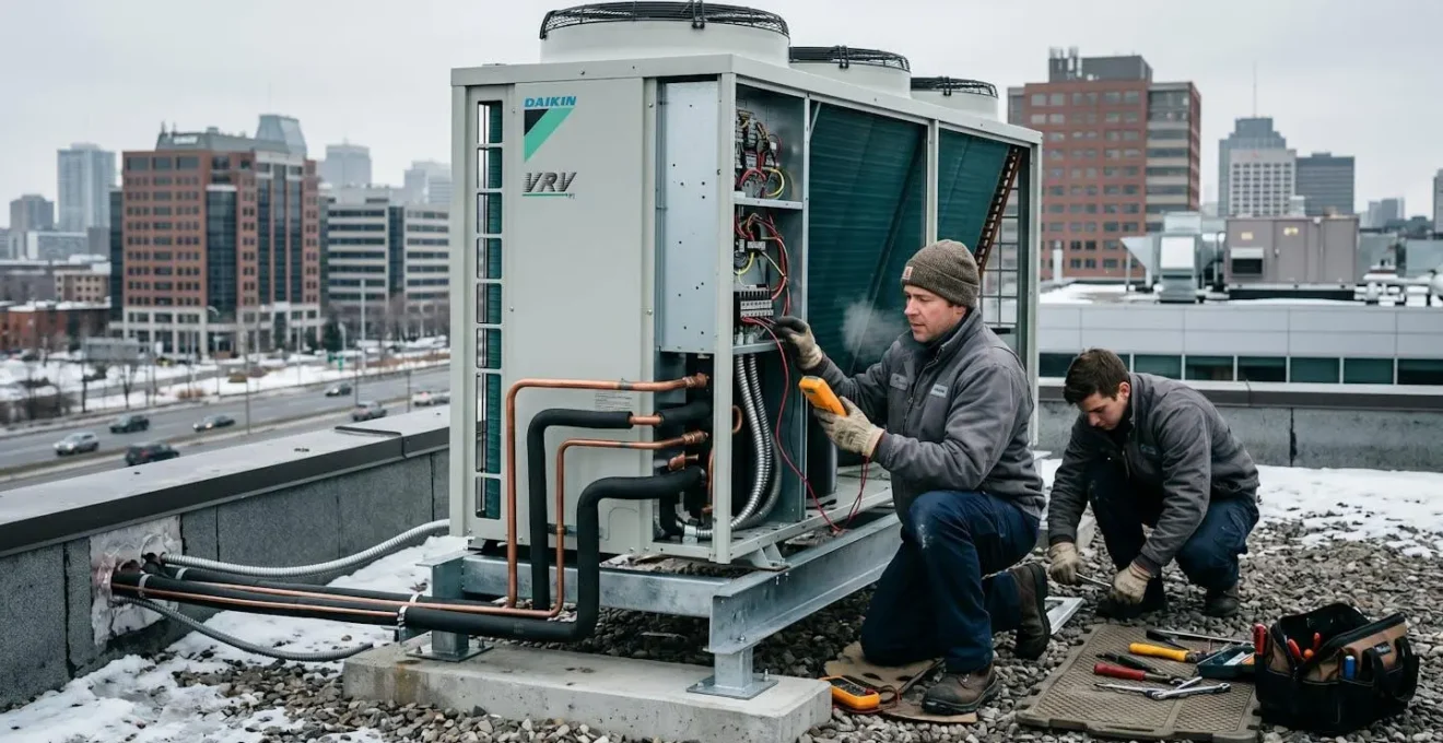 Deux techniciens HVAC installent une thermopompe commerciale sur le toit d'un immeuble de bureaux du Grand Montréal par temps hivernal nuageux, avec équipement professionnel et connexions en cours de raccordement