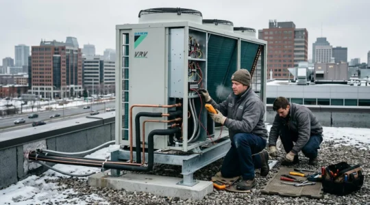 Deux techniciens HVAC installent une thermopompe commerciale sur le toit d'un immeuble de bureaux du Grand Montréal par temps hivernal nuageux, avec équipement professionnel et connexions en cours de raccordement